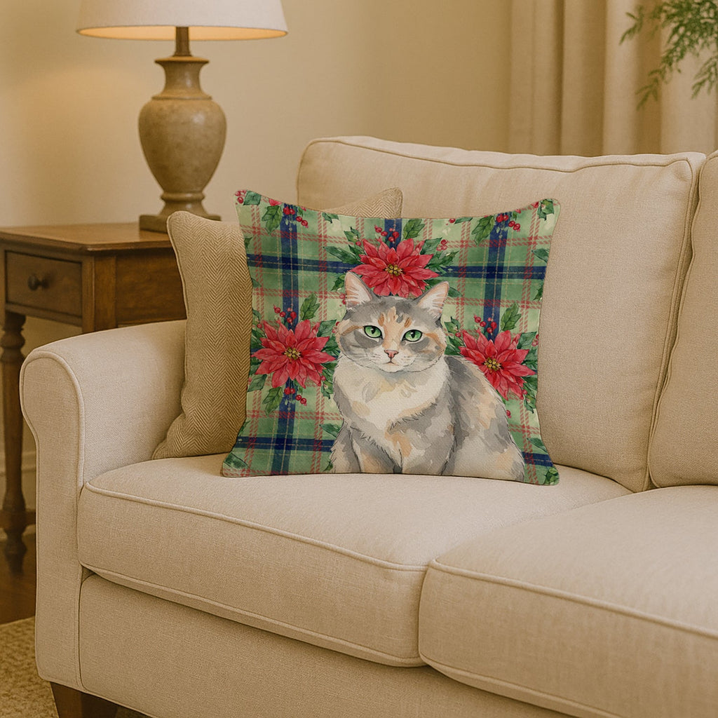 Dilute Tortoiseshell Cat with Poinsettias Decorative Throw Pillow 14x14 Indoor Outdoor Accent Cushion, Fabric Cover with Insert for Sofa, Bed, Porch & Living Room