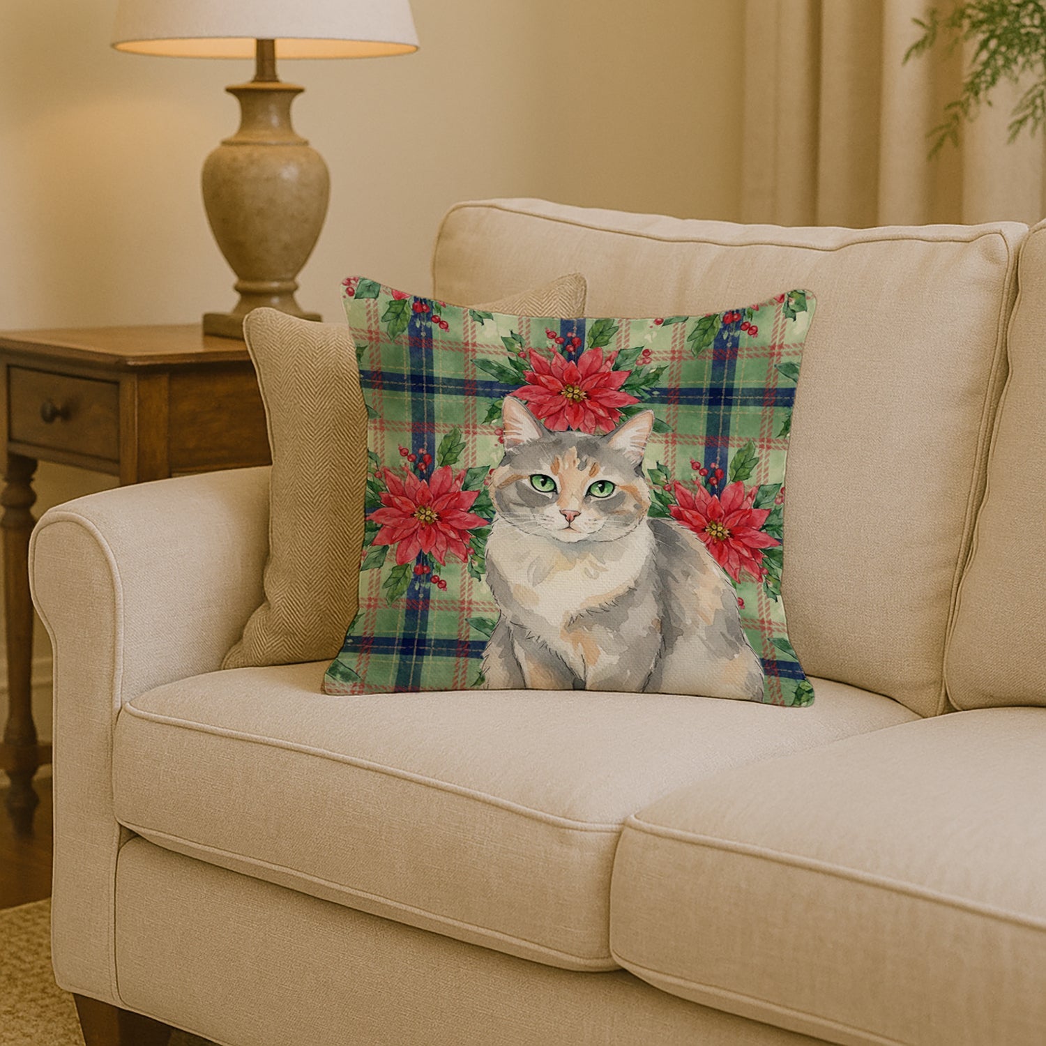 Dilute Tortoiseshell Cat with Poinsettias Decorative Throw Pillow 14x14 Indoor Outdoor Accent Cushion, Fabric Cover with Insert for Sofa, Bed, Porch & Living Room