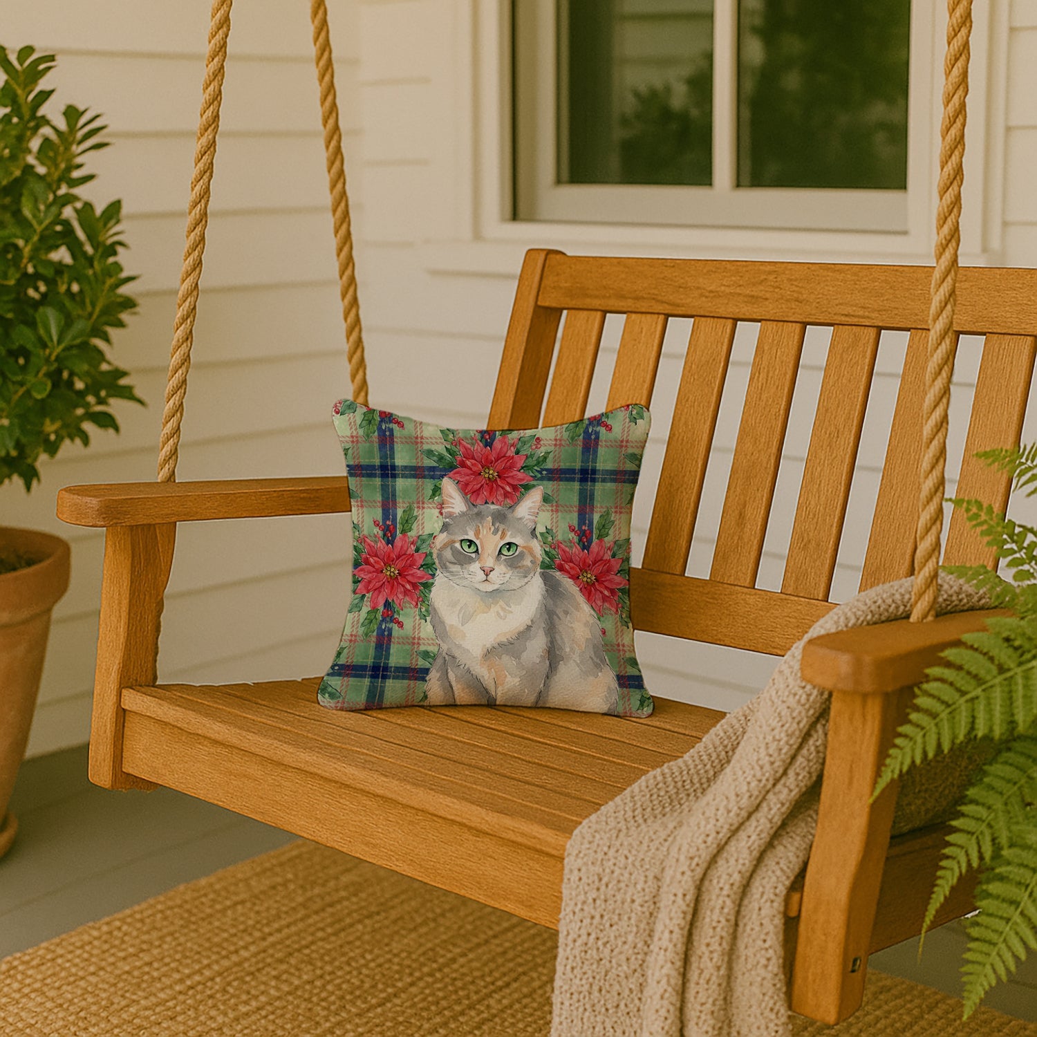 Dilute Tortoiseshell Cat with Poinsettias Decorative Throw Pillow 14x14 Indoor Outdoor Accent Cushion, Fabric Cover with Insert for Sofa, Bed, Porch & Living Room