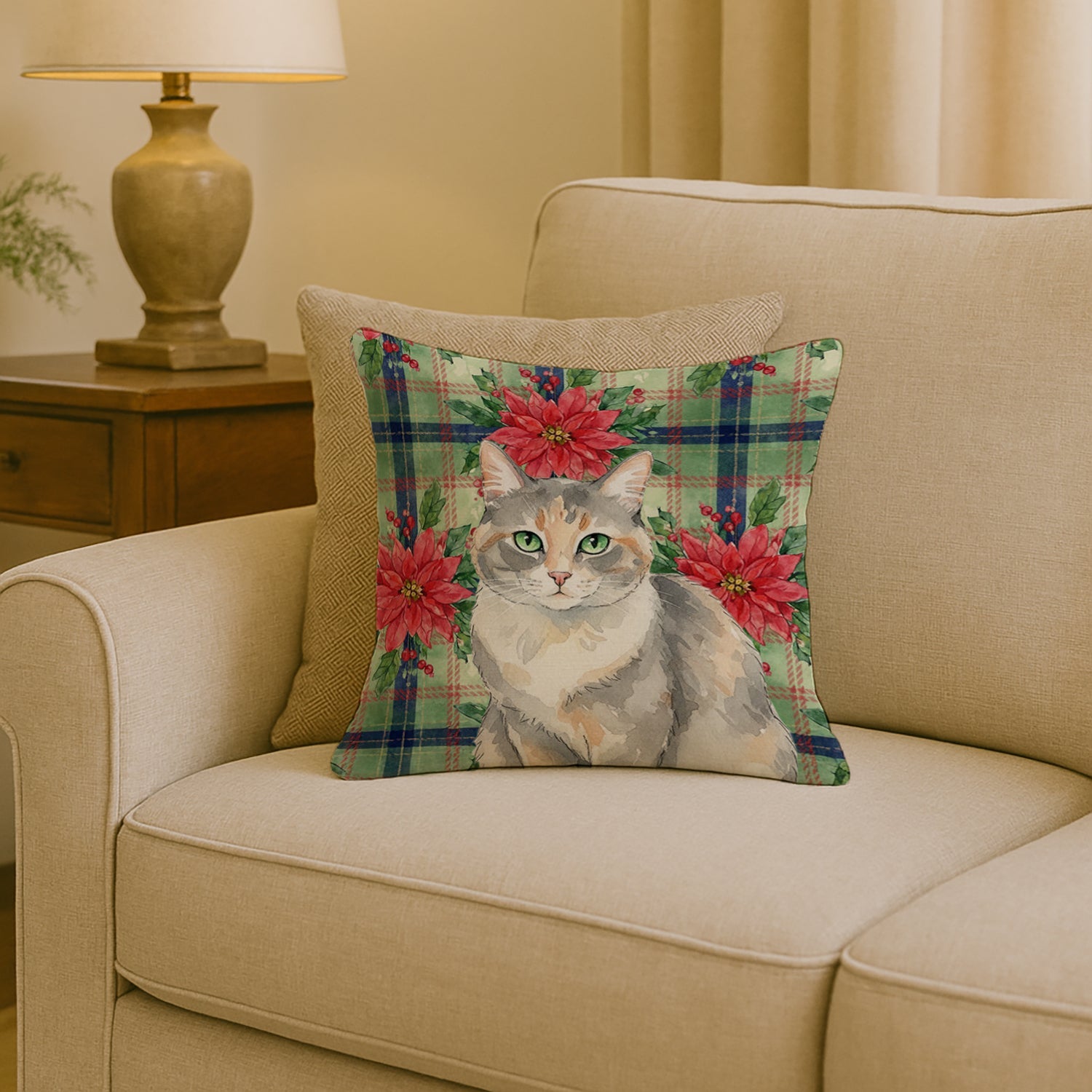 Dilute Tortoiseshell Cat with Poinsettias Decorative Throw Pillow 18x18 Indoor Outdoor Accent Cushion, Fabric Cover with Insert for Sofa, Bed, Porch & Living Room