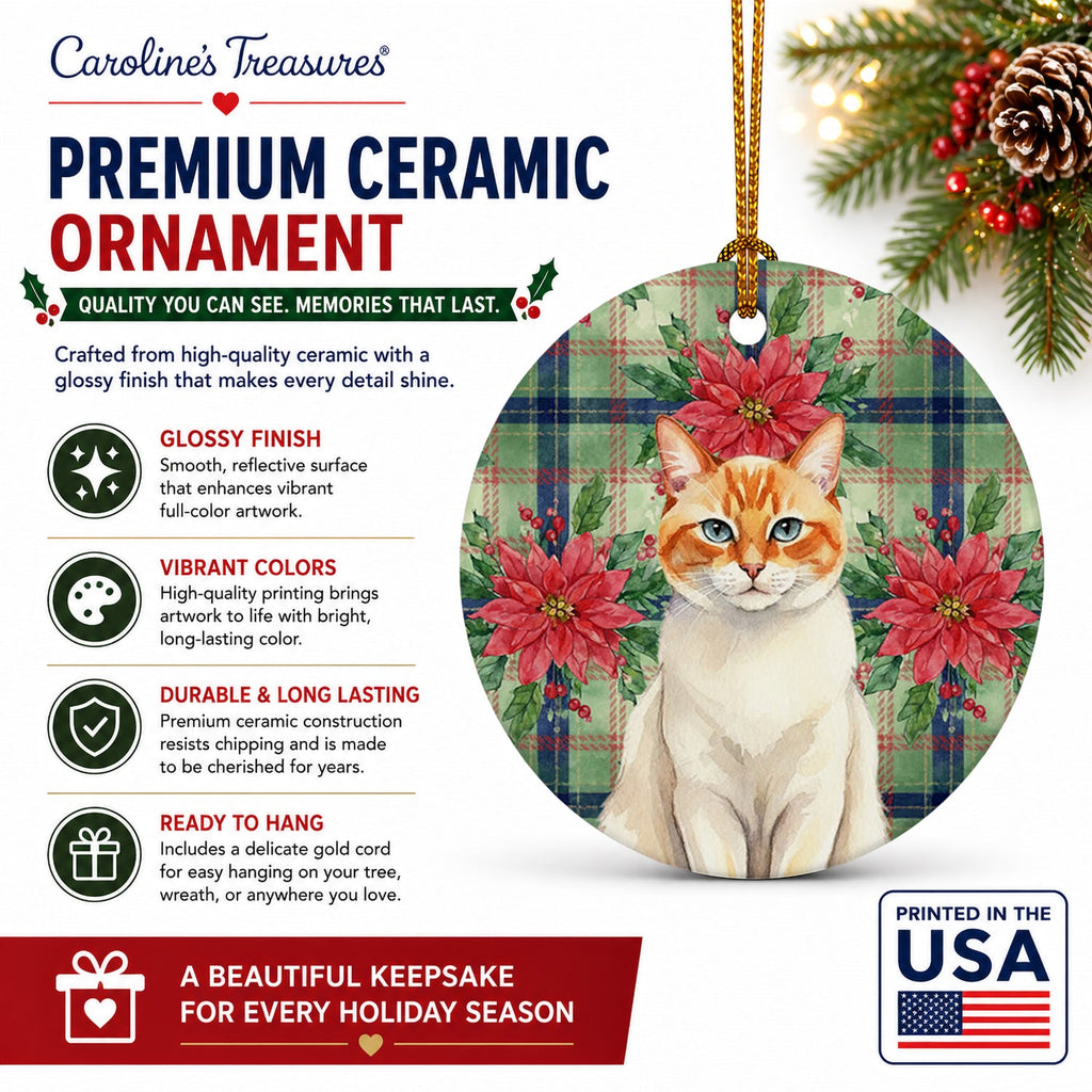 Flame Point Cat with Poinsettias Ceramic Ornament Christmas Tree Hanging Decorations for Home Christmas Holiday, Party, Gift, 3 in, Multicolor
