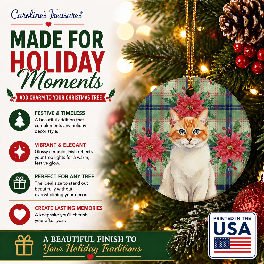 Flame Point Cat with Poinsettias Ceramic Ornament Christmas Tree Hanging Decorations for Home Christmas Holiday, Party, Gift, 3 in, Multicolor