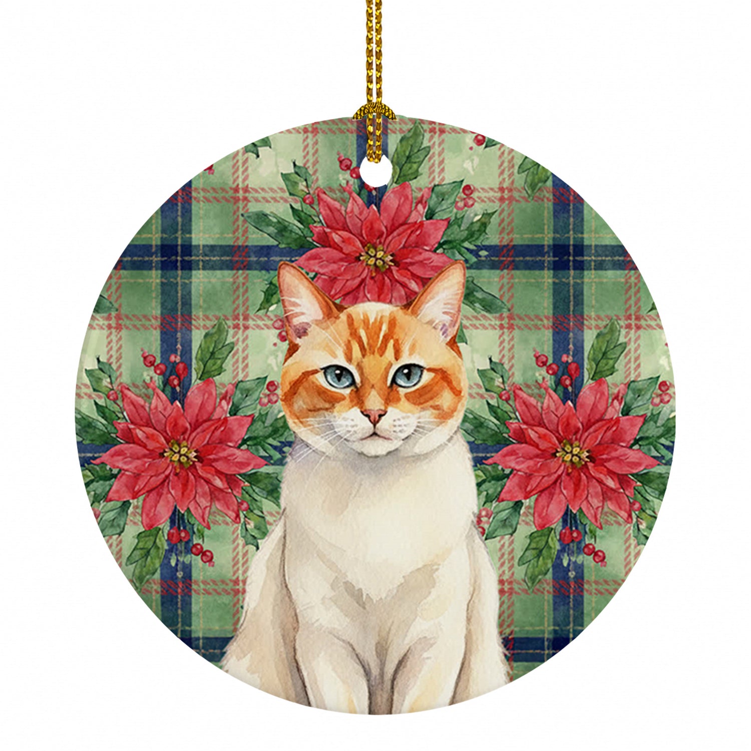 Flame Point Cat with Poinsettias Ceramic Ornament Christmas Tree Hanging Decorations for Home Christmas Holiday, Party, Gift, 3 in, Multicolor
