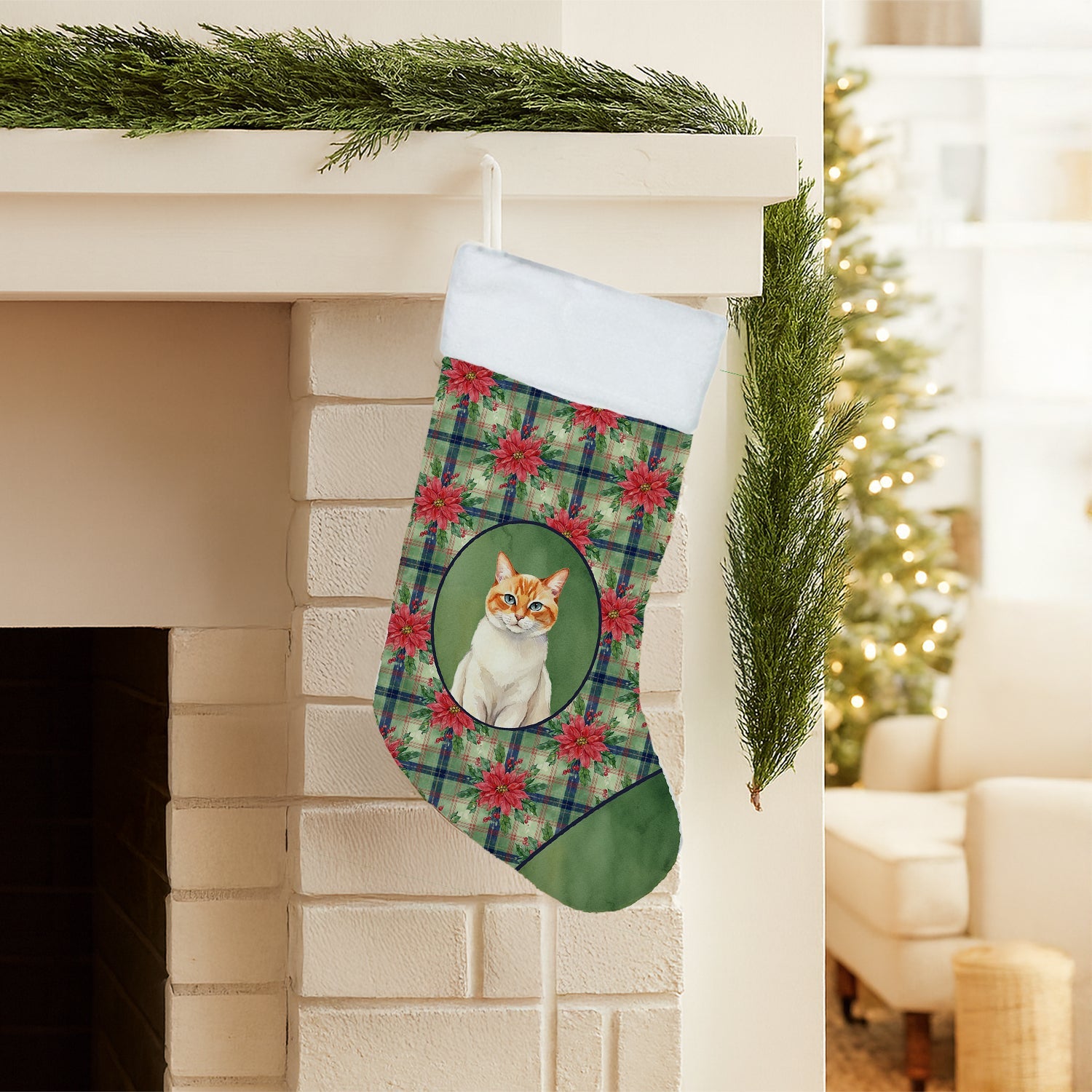 Flame Point Cat with Poinsettias Holiday Stocking Double-Sided Print, Polyester Suede,11x18, Made in USA