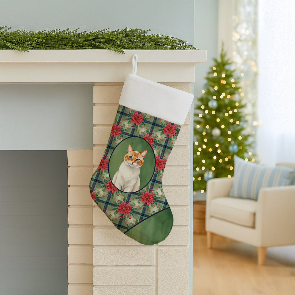 Flame Point Cat with Poinsettias Holiday Stocking Double-Sided Print, Polyester Suede,11x18, Made in USA