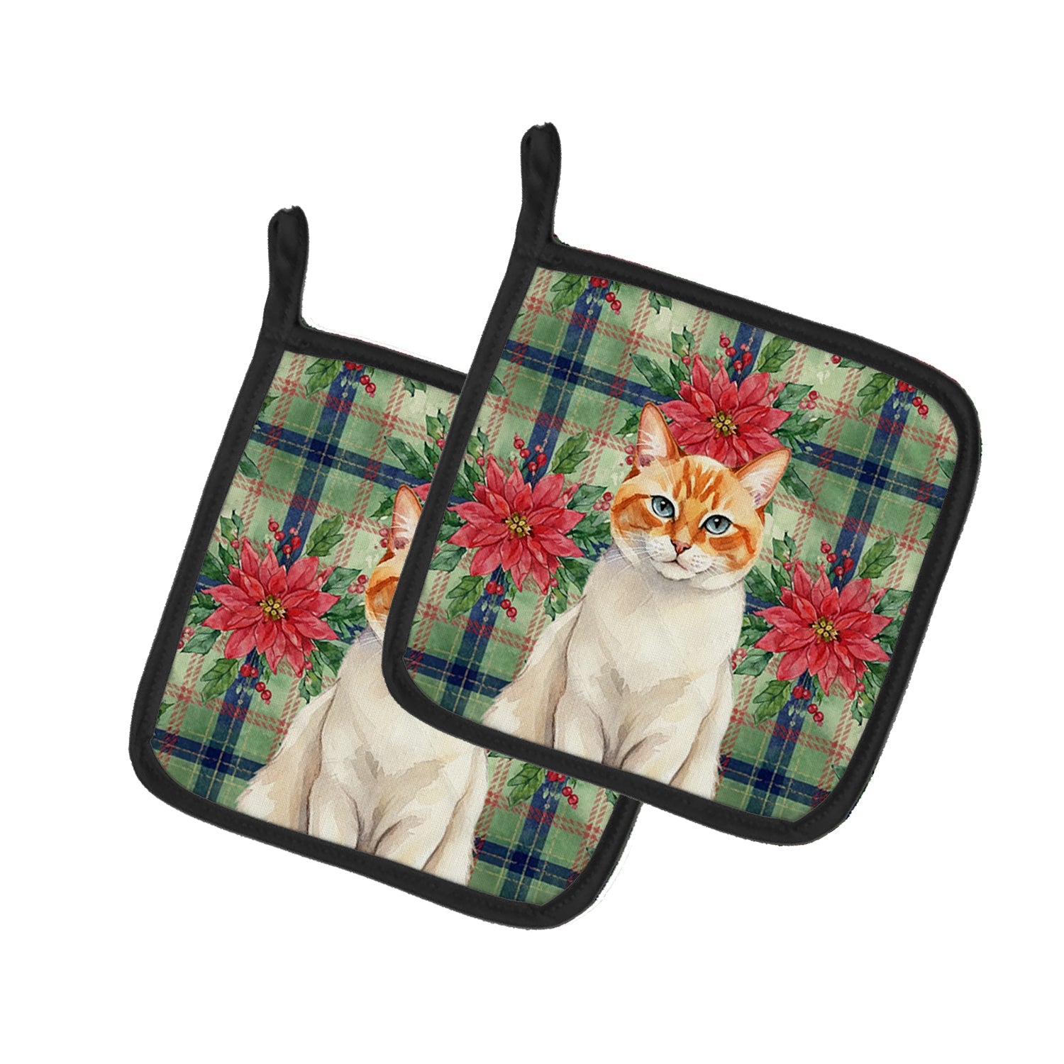 Flame Point Cat with Poinsettias Pot Holder Set of 2 Heat Resistant Quilted Hot Pads 7.5 x 7.5 Inch, Insulated Kitchen Trivets for Cooking & Baking