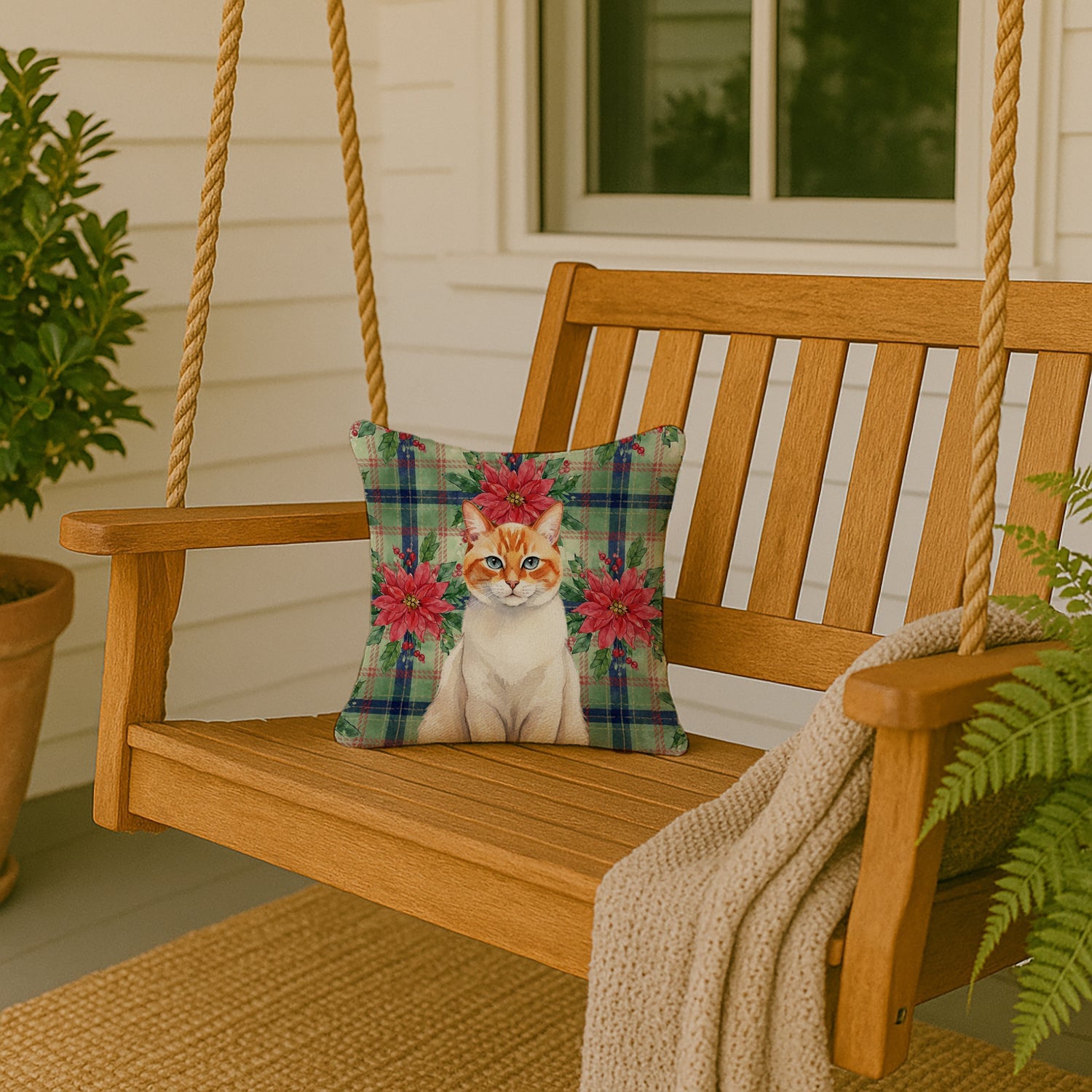 Flame Point Cat with Poinsettias Decorative Throw Pillow 14x14 Indoor Outdoor Accent Cushion, Fabric Cover with Insert for Sofa, Bed, Porch & Living Room