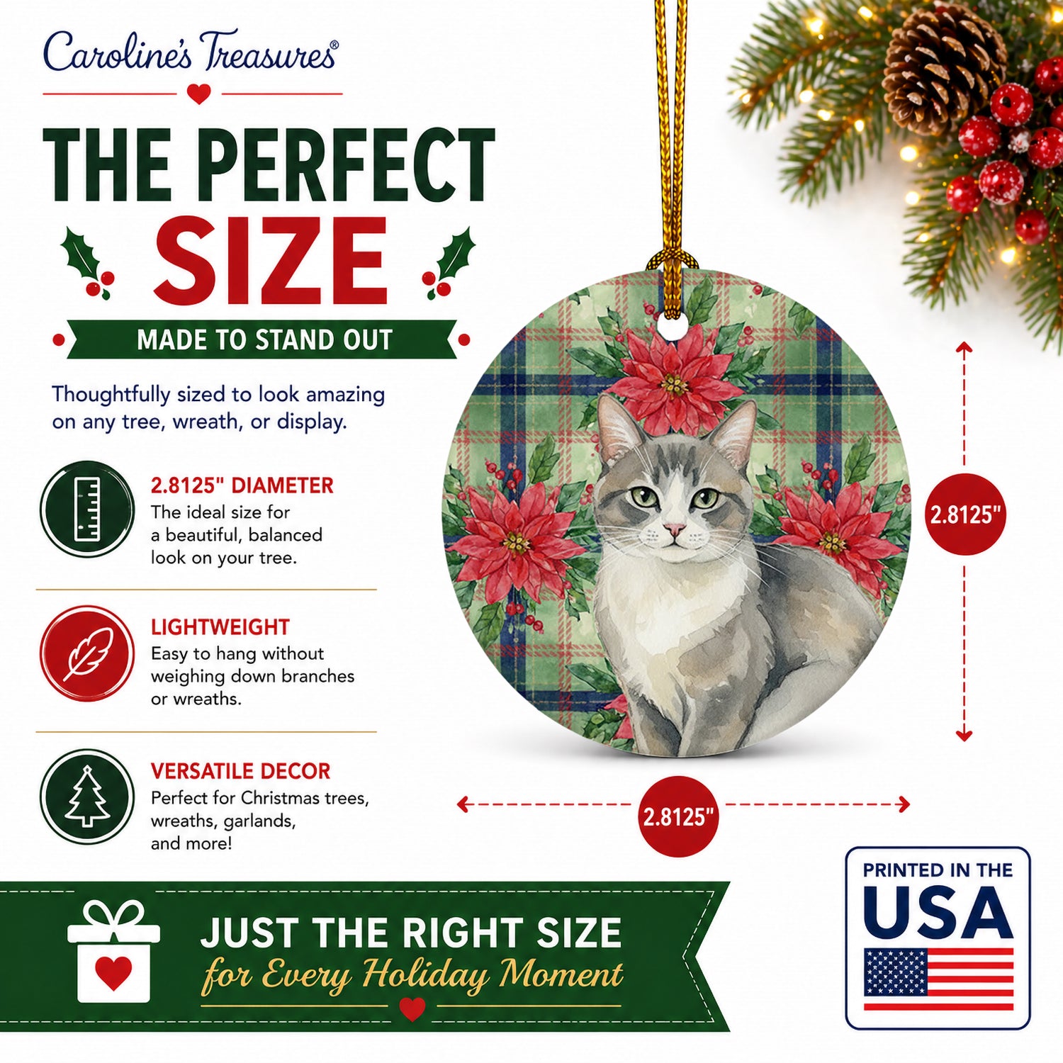 Gray and White Cat with Poinsettias Ceramic Ornament Christmas Tree Hanging Decorations for Home Christmas Holiday, Party, Gift, 3 in, Multicolor