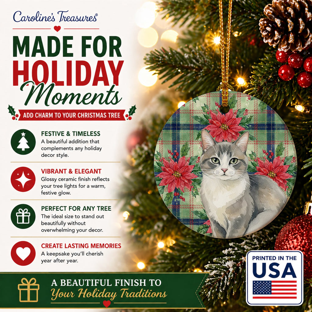 Gray and White Cat with Poinsettias Ceramic Ornament Christmas Tree Hanging Decorations for Home Christmas Holiday, Party, Gift, 3 in, Multicolor