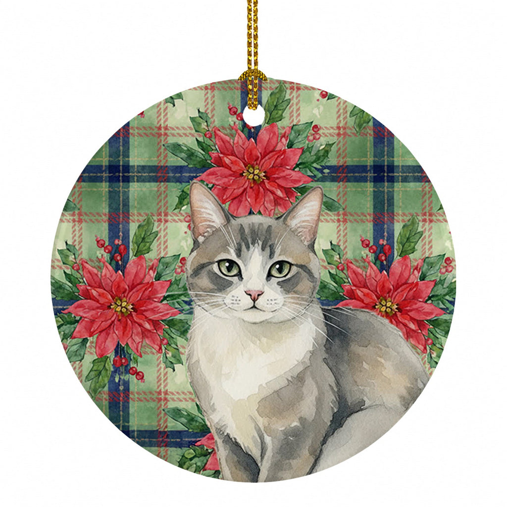 Gray and White Cat with Poinsettias Ceramic Ornament Christmas Tree Hanging Decorations for Home Christmas Holiday, Party, Gift, 3 in, Multicolor
