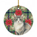 Gray and White Cat with Poinsettias Ceramic Ornament Christmas Tree Hanging Decorations for Home Christmas Holiday, Party, Gift, 3 in, Multicolor