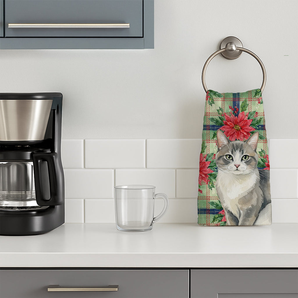 Gray and White Cat with Poinsettias Kitchen Towel Velour Plush Front and Cotton Loop Back Machine Washable