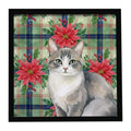 Gray and White Cat with Poinsettias Framed Metal Print Bathroom, Kitchen, Office, Home Decor Wall Art Ready to Hang, Square, 8X8