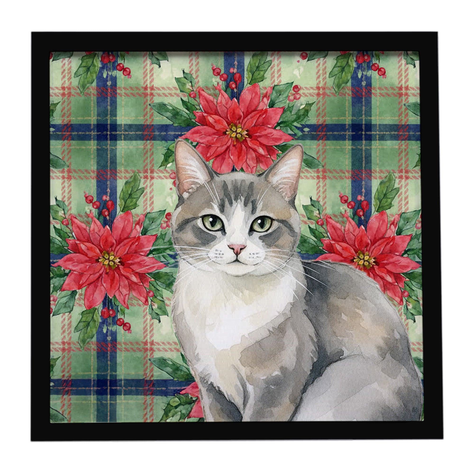 Gray and White Cat with Poinsettias Framed Metal Print Bathroom, Kitchen, Office, Home Decor Wall Art Ready to Hang, Square, 8X8