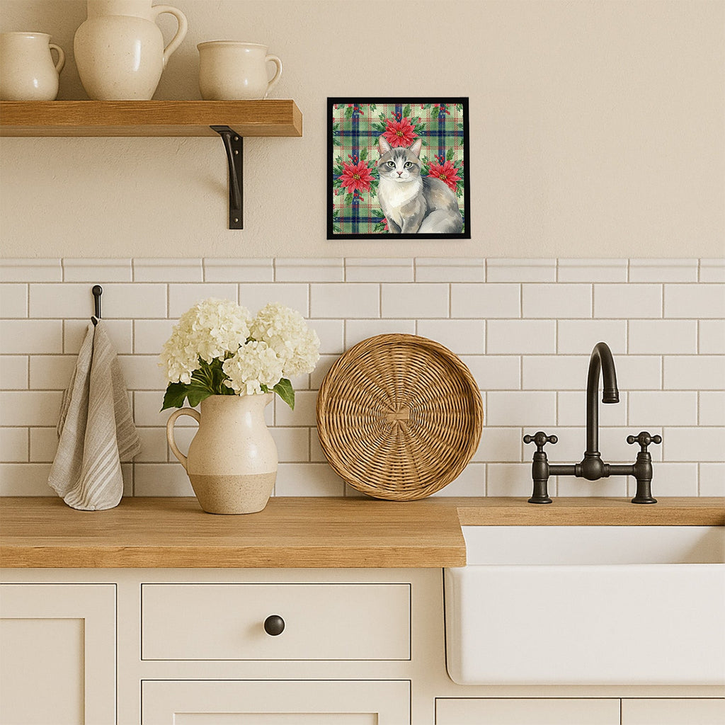 Gray and White Cat with Poinsettias Framed Metal Print Bathroom, Kitchen, Office, Home Decor Wall Art Ready to Hang, Square, 8X8
