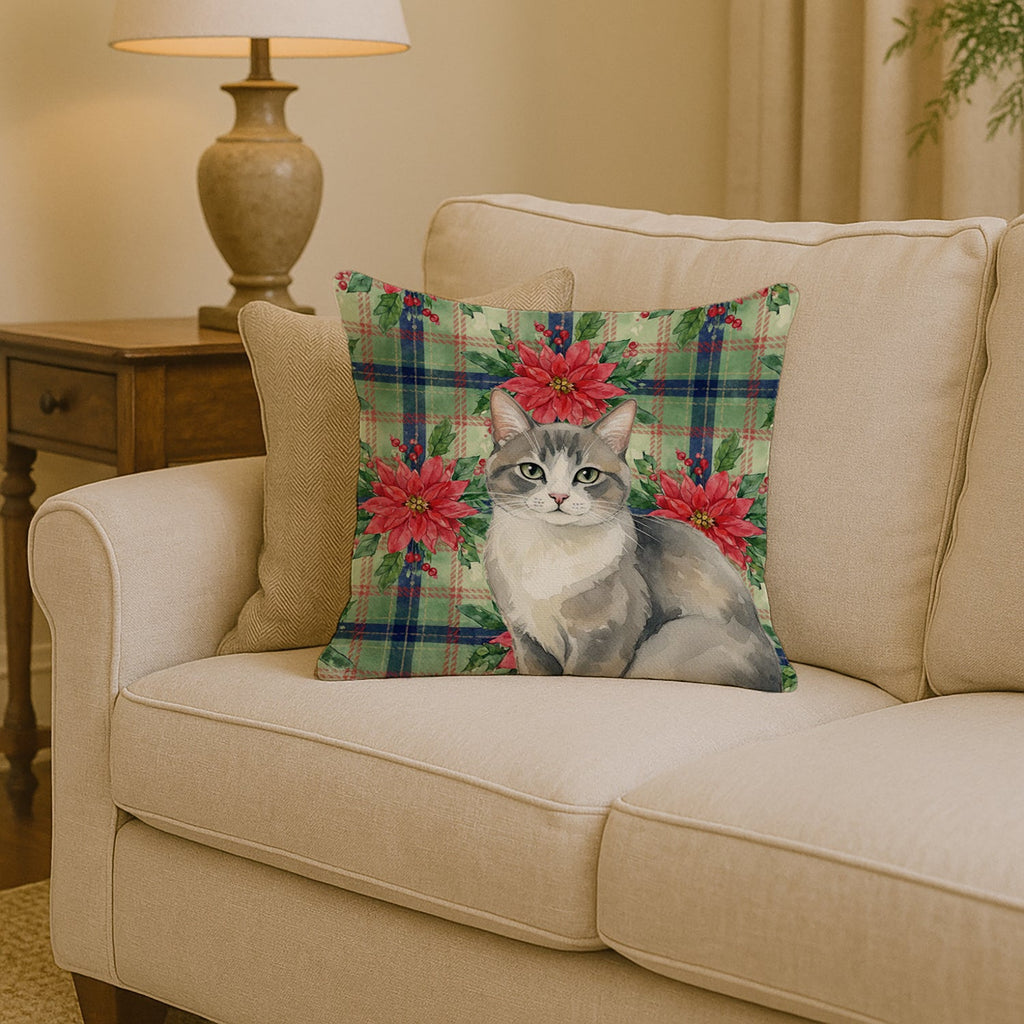 Gray and White Cat with Poinsettias Decorative Throw Pillow 14x14 Indoor Outdoor Accent Cushion, Fabric Cover with Insert for Sofa, Bed, Porch & Living Room