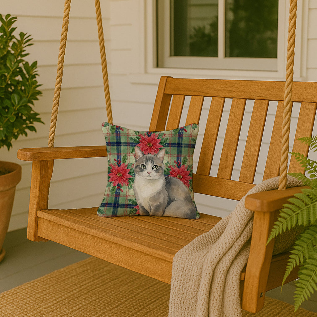 Gray and White Cat with Poinsettias Decorative Throw Pillow 14x14 Indoor Outdoor Accent Cushion, Fabric Cover with Insert for Sofa, Bed, Porch & Living Room