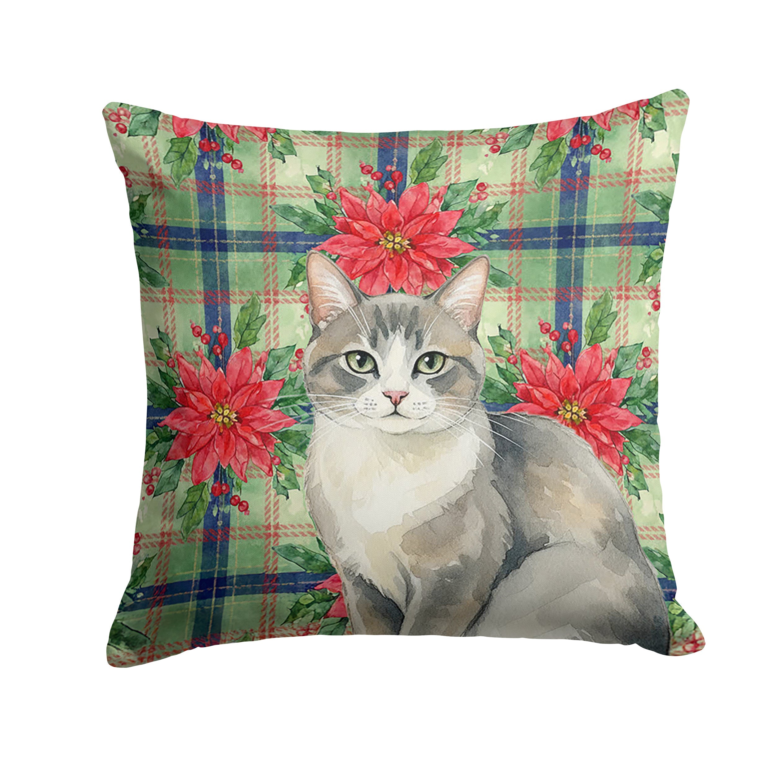 Gray and White Cat with Poinsettias Decorative Throw Pillow 18x18 Indoor Outdoor Accent Cushion, Fabric Cover with Insert for Sofa, Bed, Porch & Living Room