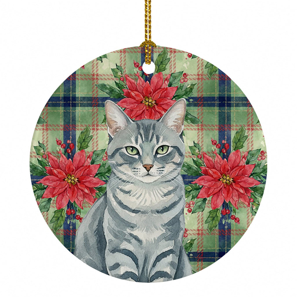 Gray Mackerel Tabby Cat with Poinsettias Ceramic Ornament Christmas Tree Hanging Decorations for Home Christmas Holiday, Party, Gift, 3 in, Multicolor