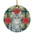 Gray Mackerel Tabby Cat with Poinsettias Ceramic Ornament Christmas Tree Hanging Decorations for Home Christmas Holiday, Party, Gift, 3 in, Multicolor