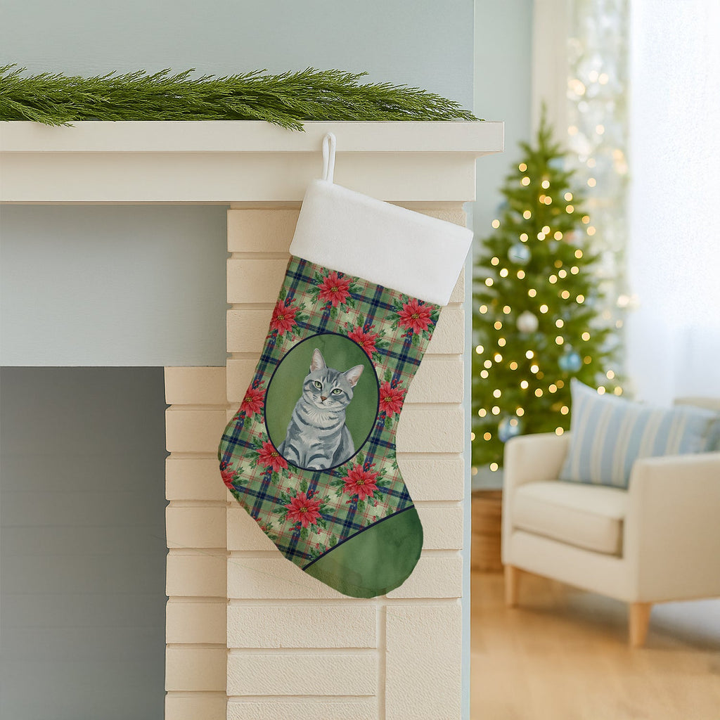 Gray Mackerel Tabby Cat with Poinsettias Holiday Stocking Double-Sided Print, Polyester Suede,11x18, Made in USA