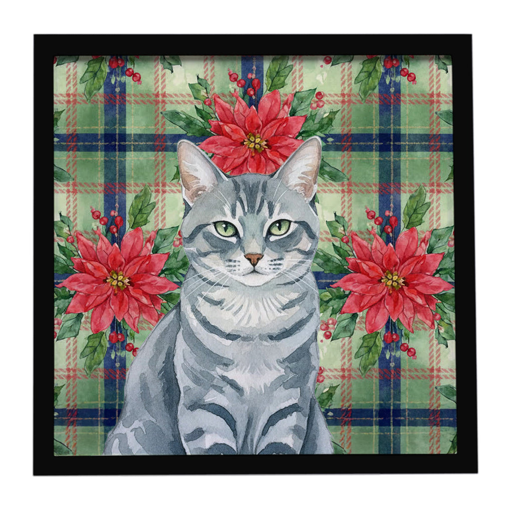 Gray Mackerel Tabby Cat with Poinsettias Framed Metal Print Bathroom, Kitchen, Office, Home Decor Wall Art Ready to Hang, Square, 8X8