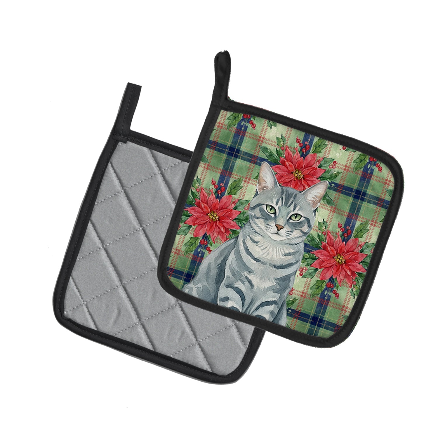 Gray Mackerel Tabby Cat with Poinsettias Pot Holder Set of 2 Heat Resistant Quilted Hot Pads 7.5 x 7.5 Inch, Insulated Kitchen Trivets for Cooking & Baking