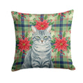 Gray Mackerel Tabby Cat with Poinsettias Decorative Throw Pillow 18x18 Indoor Outdoor Accent Cushion, Fabric Cover with Insert for Sofa, Bed, Porch & Living Room