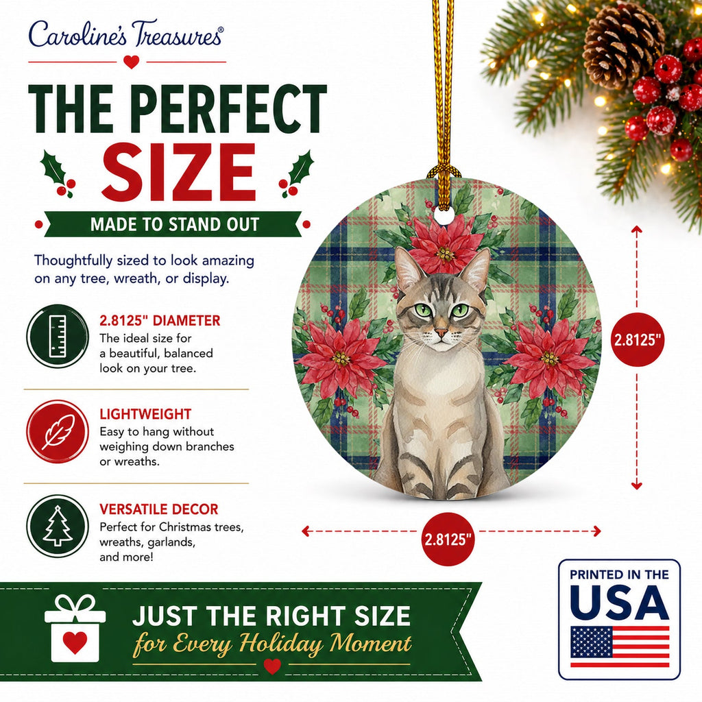 Lynx Point Tabby Cat with Poinsettias Ceramic Ornament Christmas Tree Hanging Decorations for Home Christmas Holiday, Party, Gift, 3 in, Multicolor