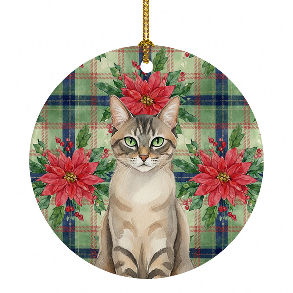 Lynx Point Tabby Cat with Poinsettias Ceramic Ornament Christmas Tree Hanging Decorations for Home Christmas Holiday, Party, Gift, 3 in, Multicolor