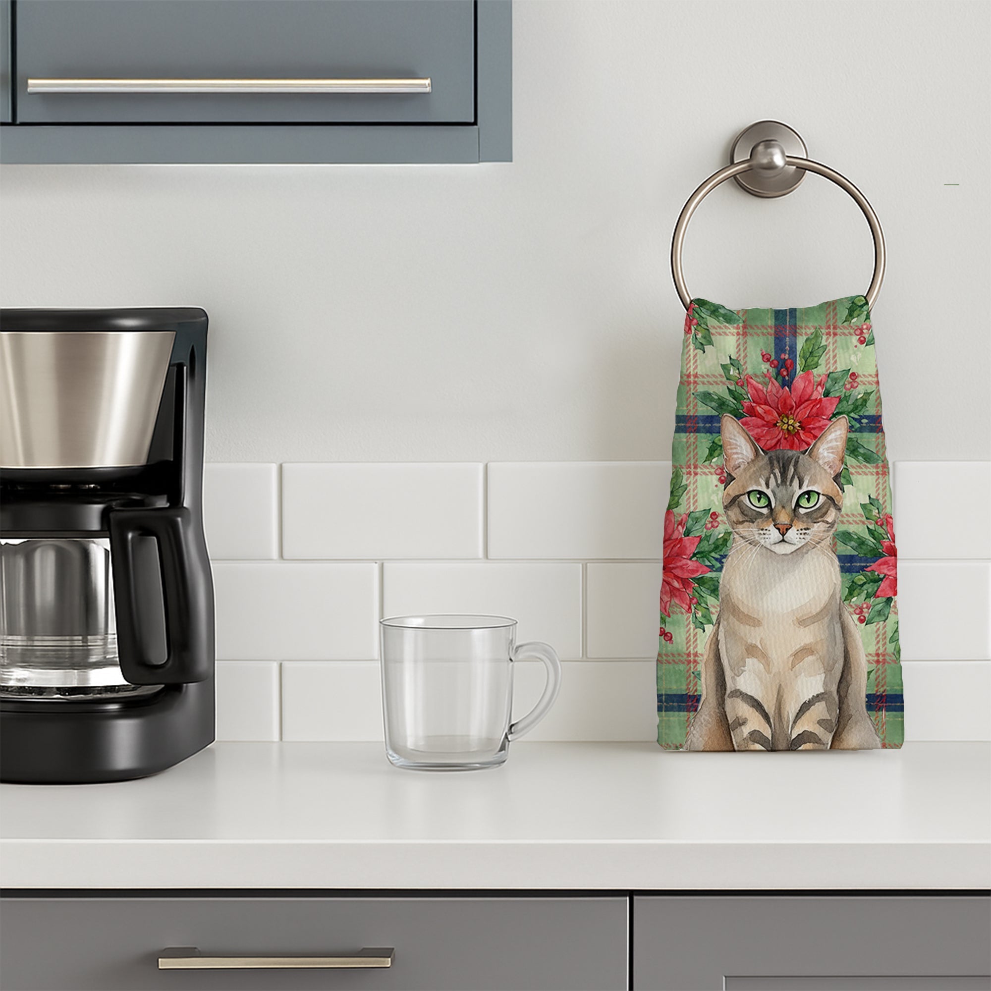 Lynx Point Tabby Cat with Poinsettias Kitchen Towel Velour Plush Front and Cotton Loop Back Machine Washable