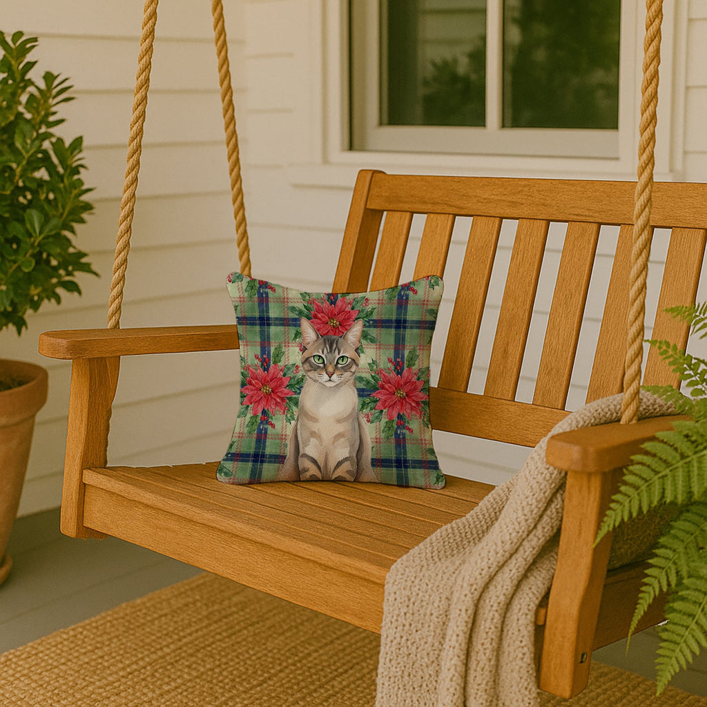 Lynx Point Tabby Cat with Poinsettias Decorative Throw Pillow 14x14 Indoor Outdoor Accent Cushion, Fabric Cover with Insert for Sofa, Bed, Porch & Living Room