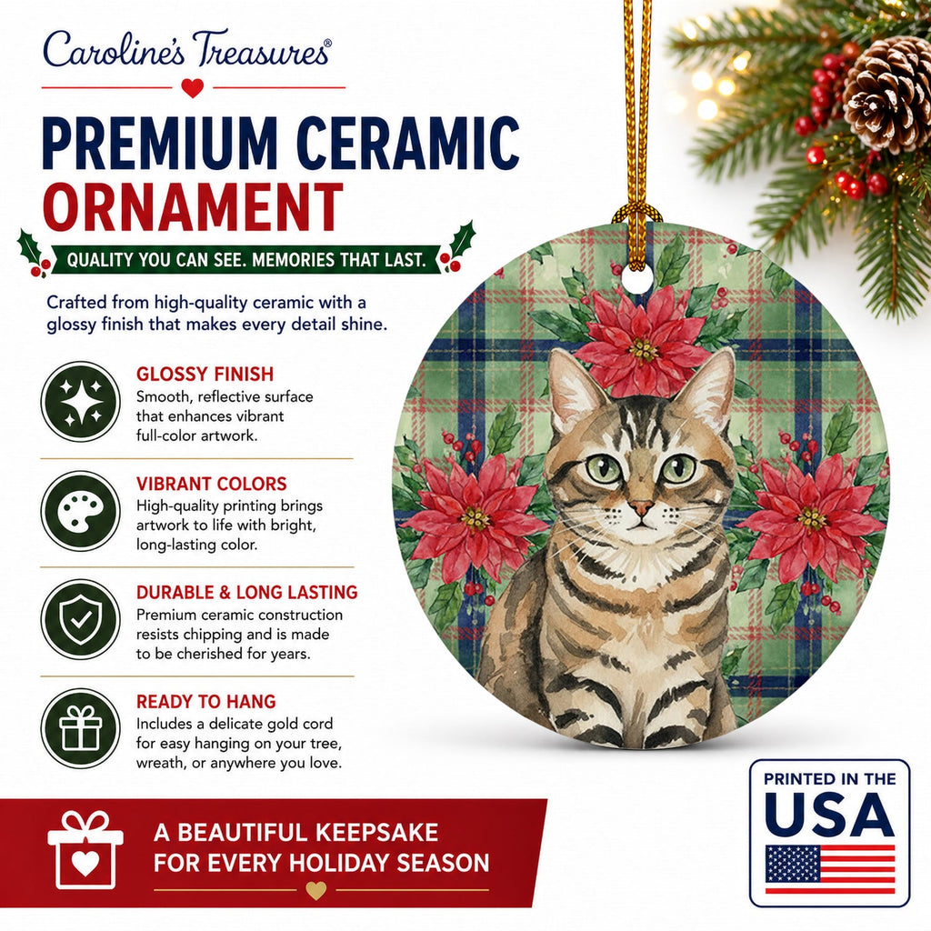 Mackerel Tabby Brown Cat with Poinsettias Ceramic Ornament Christmas Tree Hanging Decorations for Home Christmas Holiday, Party, Gift, 3 in, Multicolor