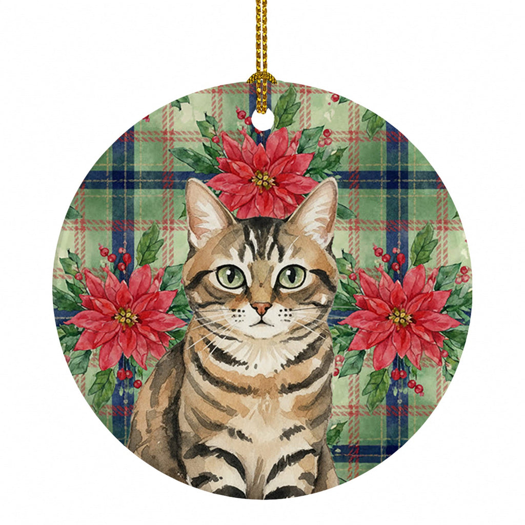 Mackerel Tabby Brown Cat with Poinsettias Ceramic Ornament Christmas Tree Hanging Decorations for Home Christmas Holiday, Party, Gift, 3 in, Multicolor