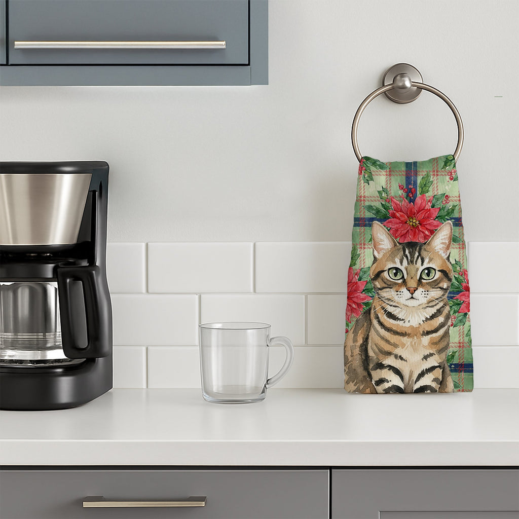 Mackerel Tabby Brown Cat with Poinsettias Kitchen Towel Velour Plush Front and Cotton Loop Back Machine Washable