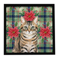 Mackerel Tabby Brown Cat with Poinsettias Framed Metal Print Bathroom, Kitchen, Office, Home Decor Wall Art Ready to Hang, Square, 8X8