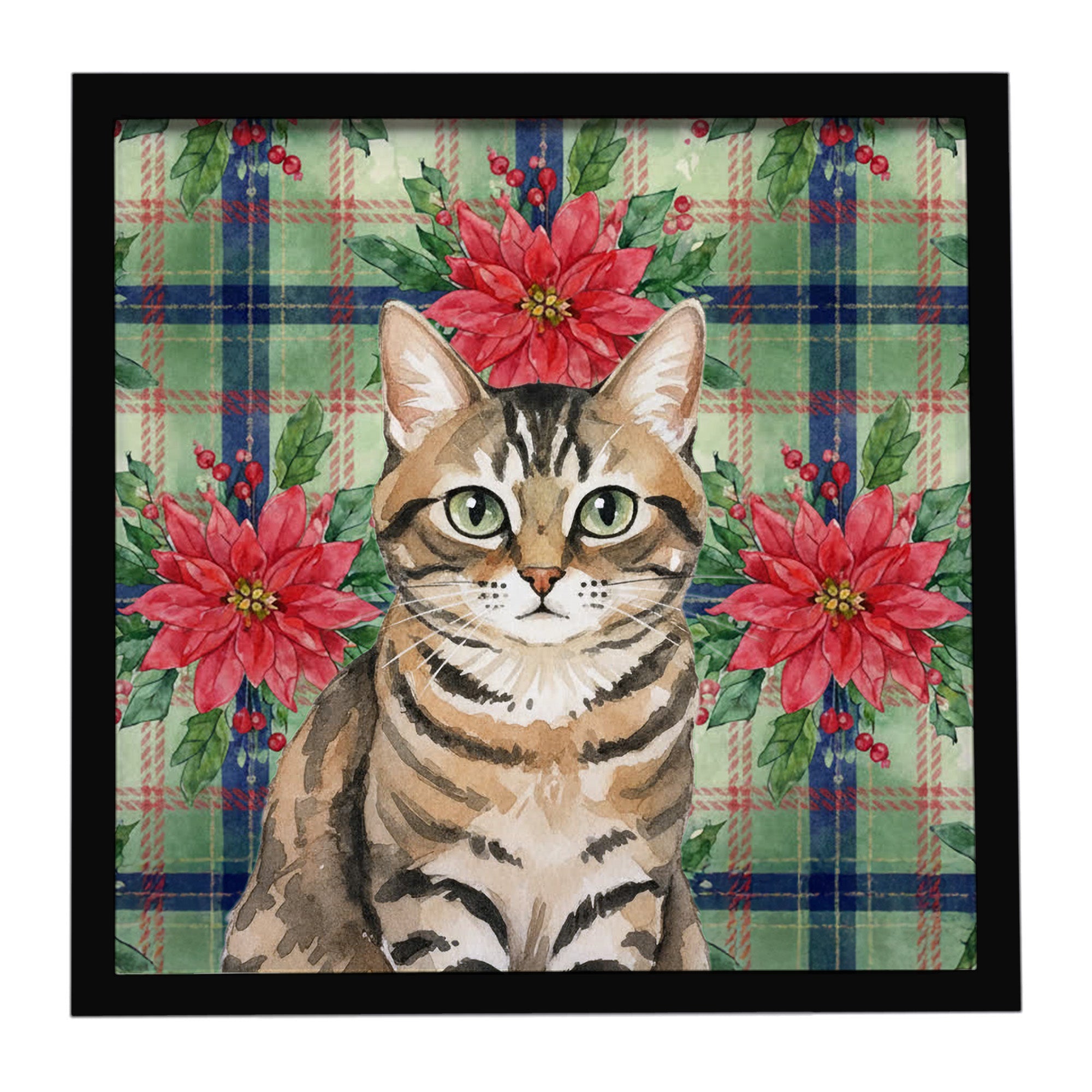 Mackerel Tabby Brown Cat with Poinsettias Framed Metal Print Bathroom, Kitchen, Office, Home Decor Wall Art Ready to Hang, Square, 8X8