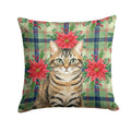 Mackerel Tabby Brown Cat with Poinsettias Decorative Throw Pillow 14x14 Indoor Outdoor Accent Cushion, Fabric Cover with Insert for Sofa, Bed, Porch & Living Room