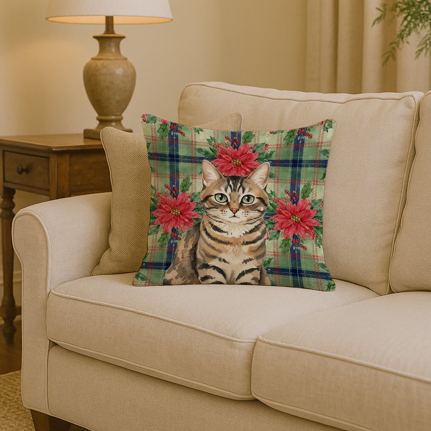 Mackerel Tabby Brown Cat with Poinsettias Decorative Throw Pillow 14x14 Indoor Outdoor Accent Cushion, Fabric Cover with Insert for Sofa, Bed, Porch & Living Room