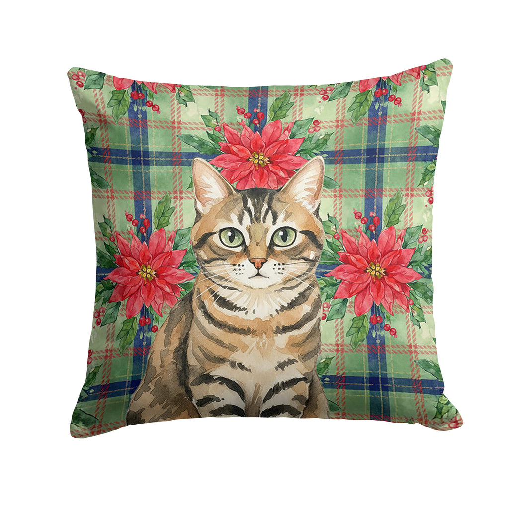 Mackerel Tabby Brown Cat with Poinsettias Decorative Throw Pillow 18x18 Indoor Outdoor Accent Cushion, Fabric Cover with Insert for Sofa, Bed, Porch & Living Room