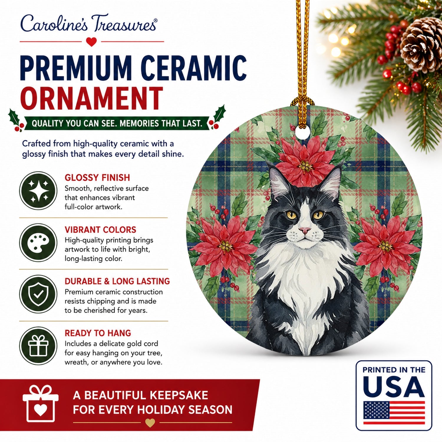 MaineCoon Black and White Cat with Poinsettias Ceramic Ornament Christmas Tree Hanging Decorations for Home Christmas Holiday, Party, Gift, 3 in, Multicolor