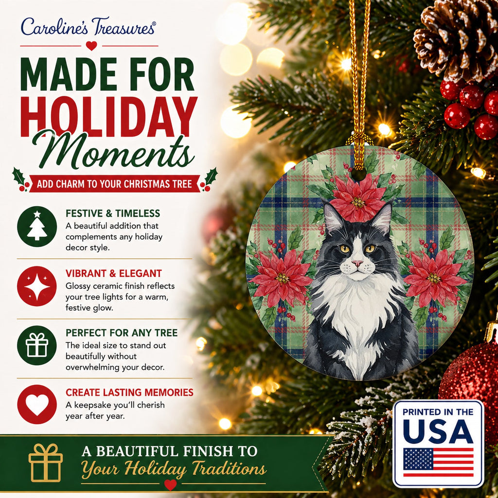 MaineCoon Black and White Cat with Poinsettias Ceramic Ornament Christmas Tree Hanging Decorations for Home Christmas Holiday, Party, Gift, 3 in, Multicolor