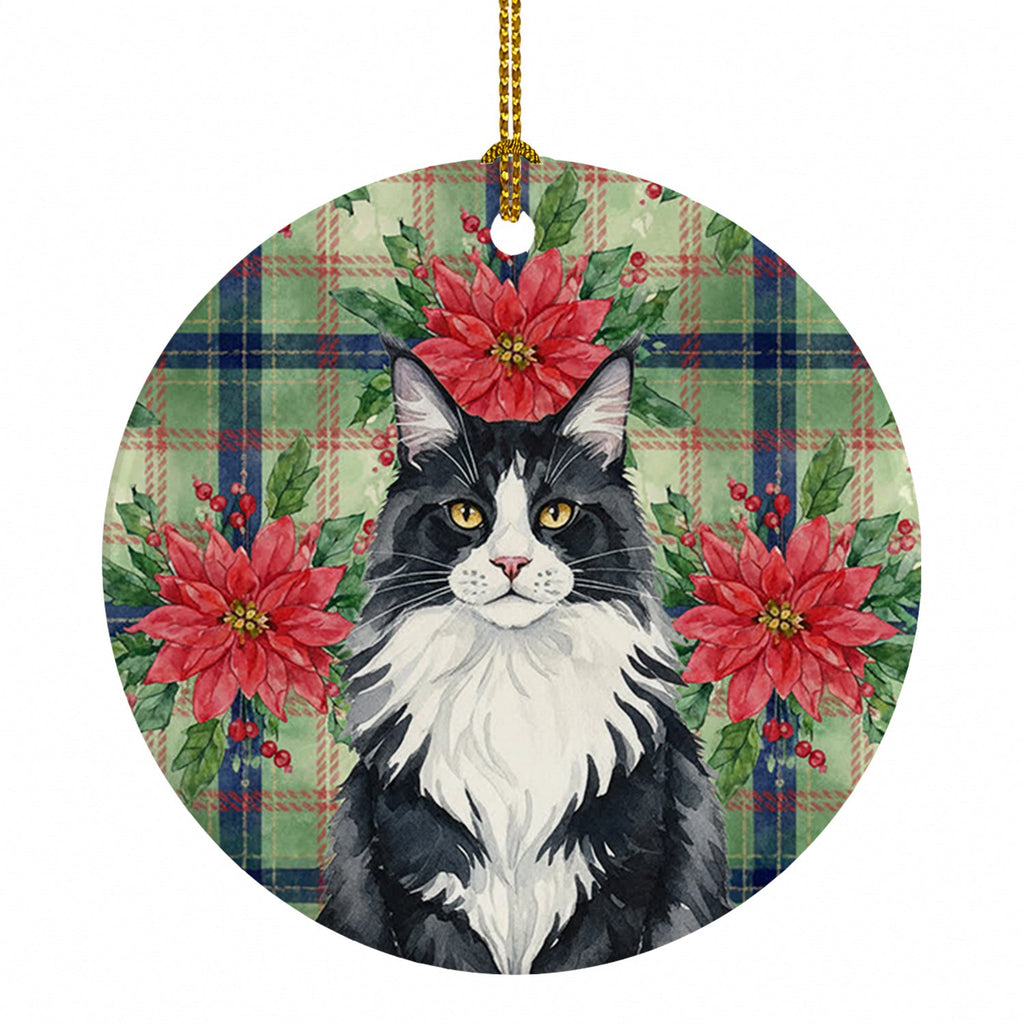 MaineCoon Black and White Cat with Poinsettias Ceramic Ornament Christmas Tree Hanging Decorations for Home Christmas Holiday, Party, Gift, 3 in, Multicolor