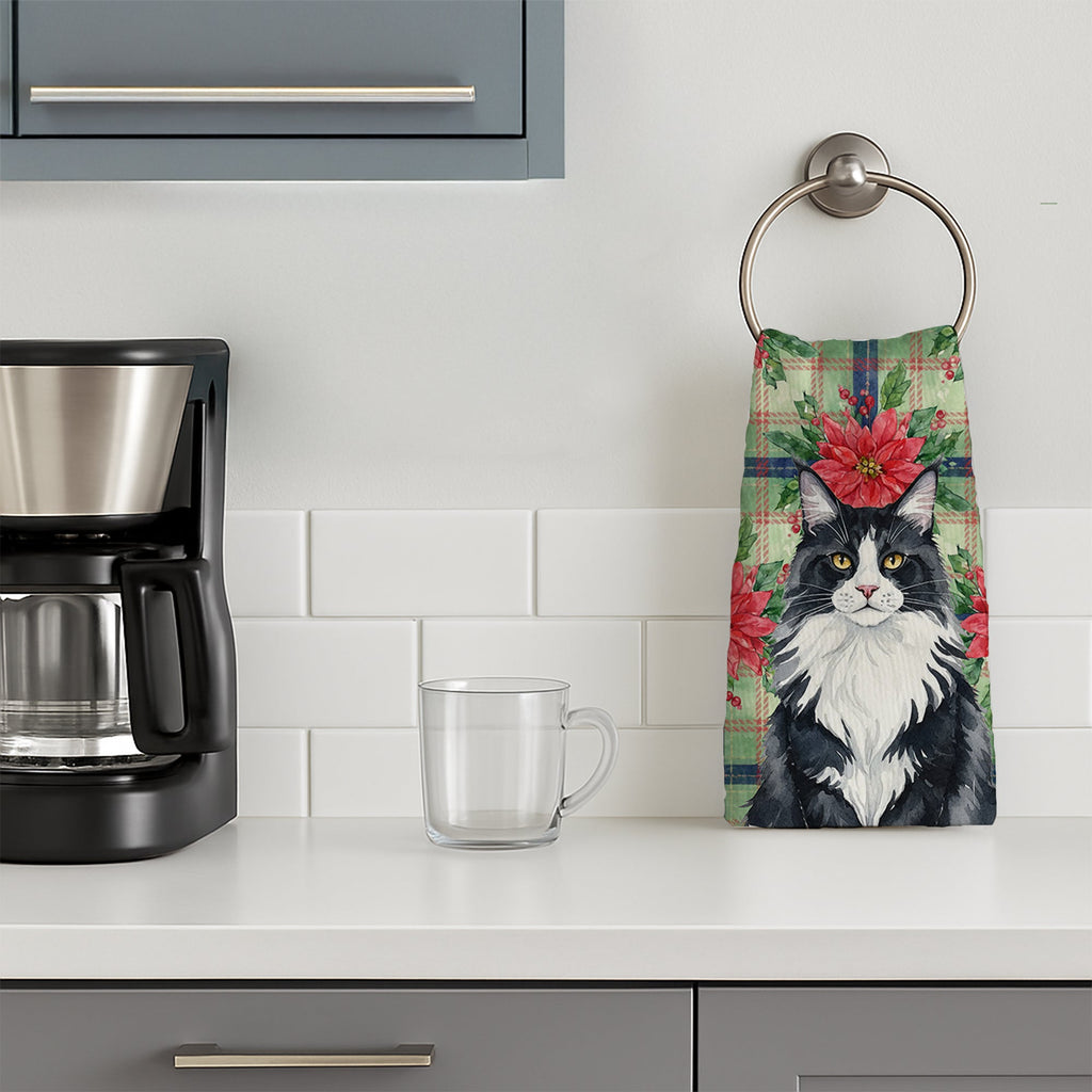 MaineCoon Black and White Cat with Poinsettias Kitchen Towel Velour Plush Front and Cotton Loop Back Machine Washable