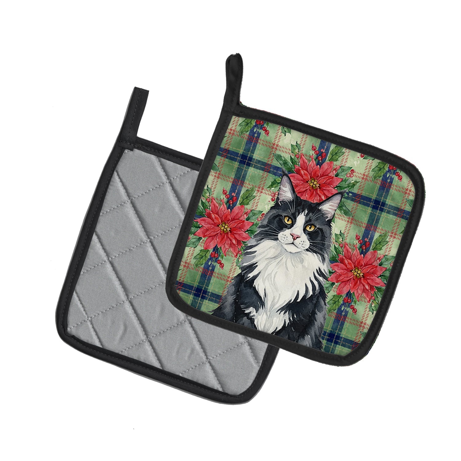MaineCoon Black and White Cat with Poinsettias Pot Holder Set of 2 Heat Resistant Quilted Hot Pads 7.5 x 7.5 Inch, Insulated Kitchen Trivets for Cooking & Baking