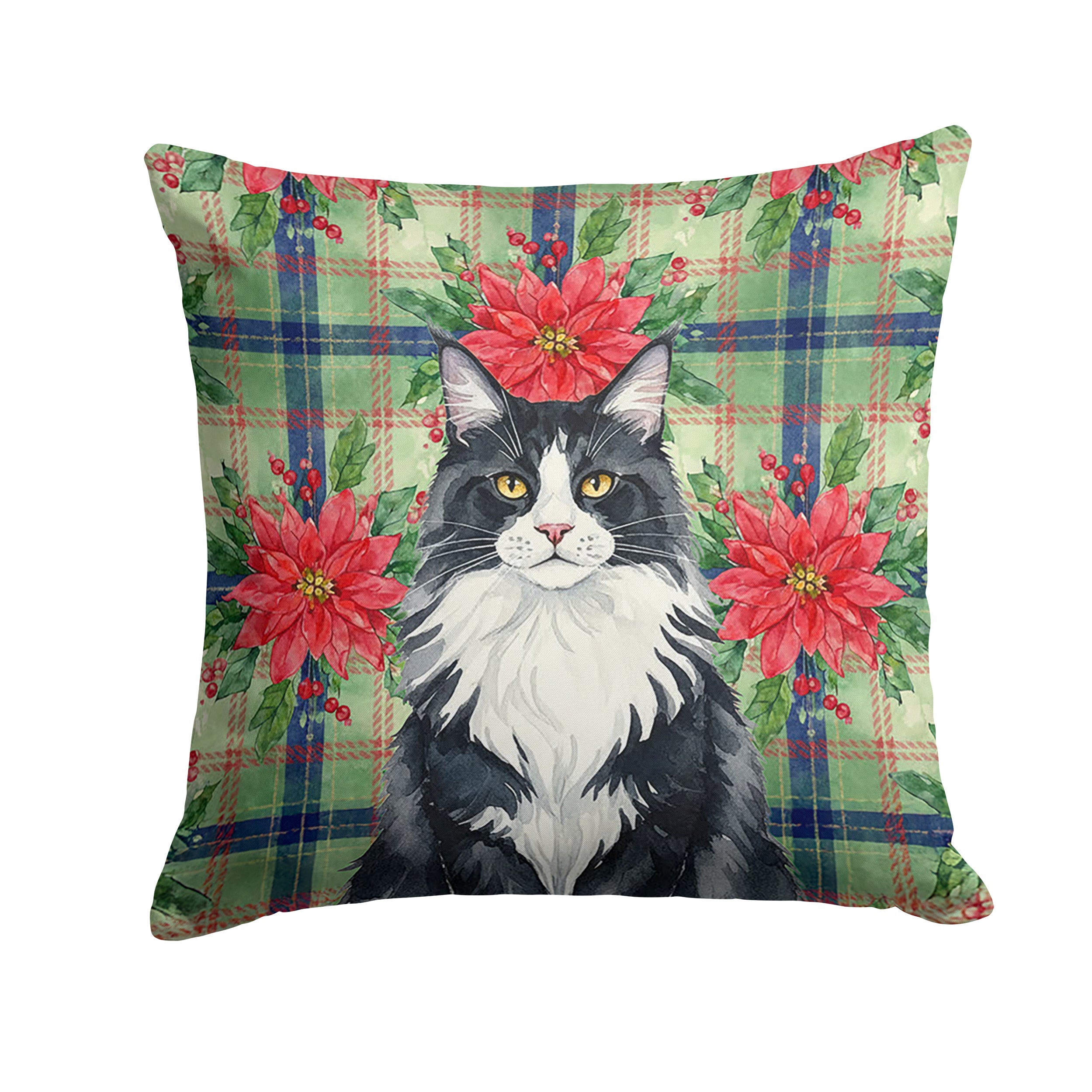 MaineCoon Black and White Cat with Poinsettias Decorative Throw Pillow 14x14 Indoor Outdoor Accent Cushion, Fabric Cover with Insert for Sofa, Bed, Porch & Living Room