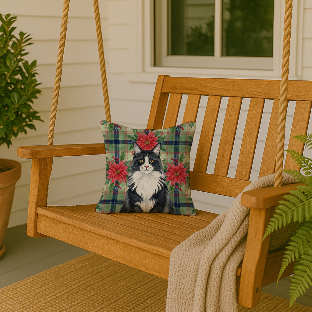 MaineCoon Black and White Cat with Poinsettias Decorative Throw Pillow 14x14 Indoor Outdoor Accent Cushion, Fabric Cover with Insert for Sofa, Bed, Porch & Living Room