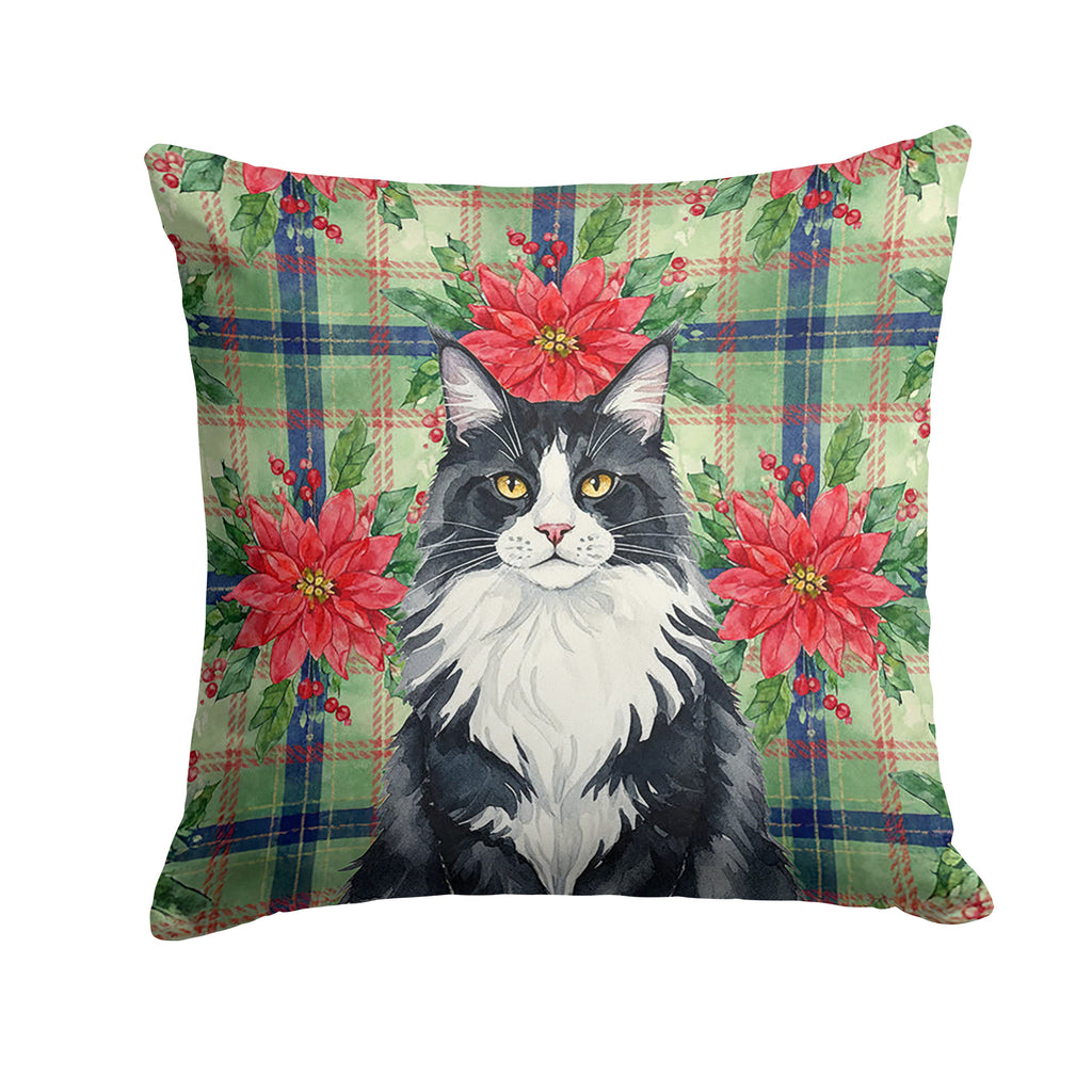 MaineCoon Black and White Cat with Poinsettias Decorative Throw Pillow 18x18 Indoor Outdoor Accent Cushion, Fabric Cover with Insert for Sofa, Bed, Porch & Living Room