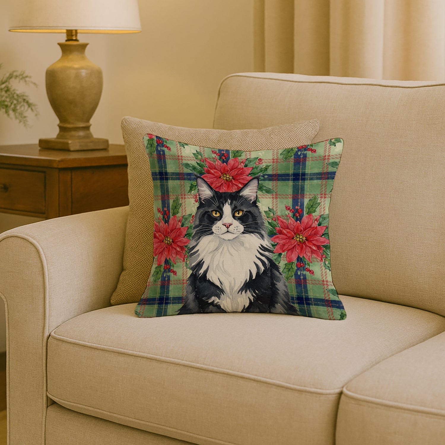 MaineCoon Black and White Cat with Poinsettias Decorative Throw Pillow 18x18 Indoor Outdoor Accent Cushion, Fabric Cover with Insert for Sofa, Bed, Porch & Living Room