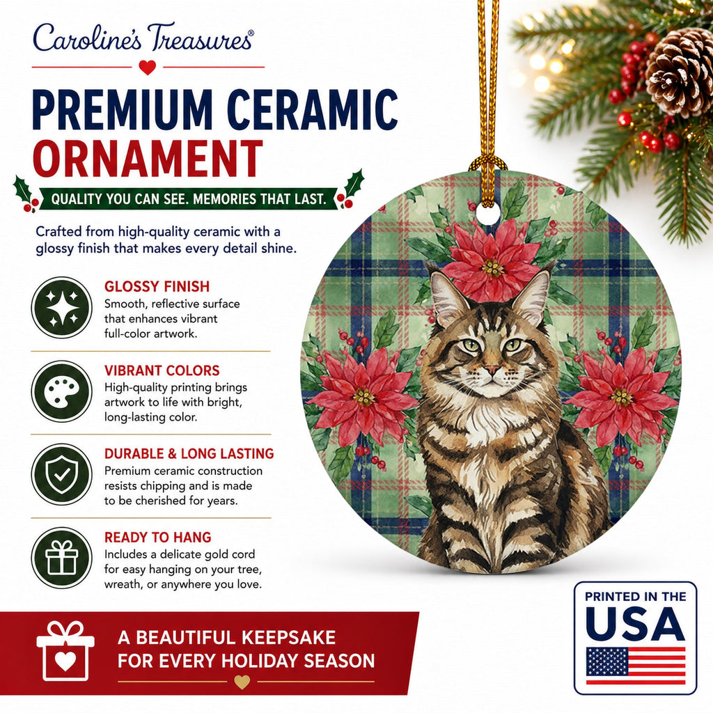 MaineCoon Brown Tabby Cat with Poinsettias Ceramic Ornament Christmas Tree Hanging Decorations for Home Christmas Holiday, Party, Gift, 3 in, Multicolor